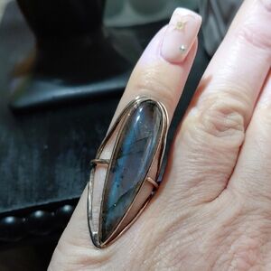 Sterling Silver Labradorite Long Marquise Ring - Blue-Green